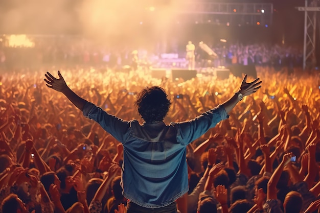 Un hombre con las manos en alto frente al escenario de un concierto.