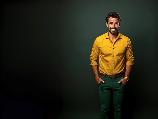 Camisa amarilla y pantalon blanco hombre sale
