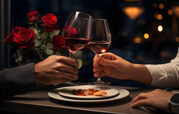 Hombre con las manos de una chica en la mesa de un restaurante con dos vasos de vino rojo y rosas rojas