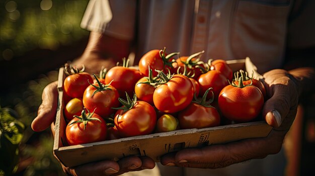 Un hombre con las manos sosteniendo una caja de madera con tomate