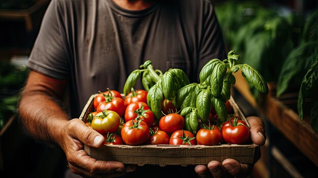 Un hombre con las manos sosteniendo una caja de madera con tomate