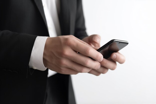 Hombre con las manos sosteniendo un teléfono inteligente sobre un fondo blanco