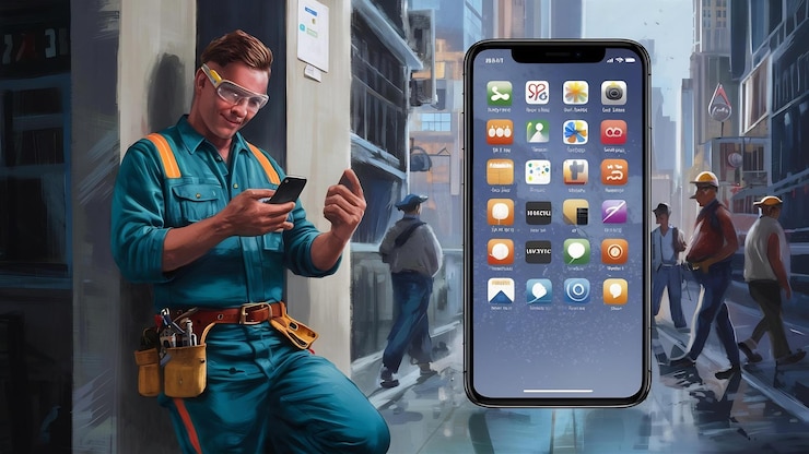 Foto hombre de mantenimiento abriendo el teléfono inteligente
