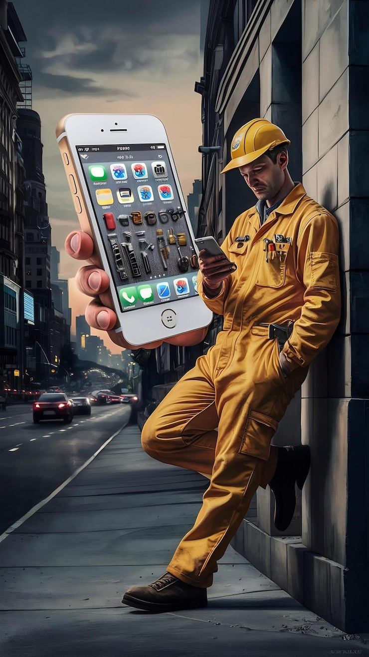 Foto hombre de mantenimiento abriendo el teléfono inteligente
