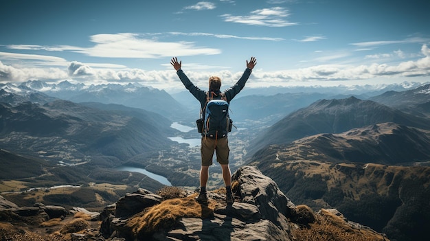 Un hombre mantiene sus brazos abiertos en el éxito después de hacer una caminata a la cima de una montaña IA generativa