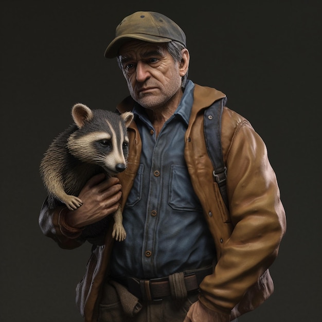 Foto un hombre con un mapache en la mano.