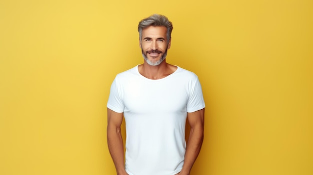 Hombre con una maqueta de camisa blanca en fondo amarillo Maqueta de camiseta