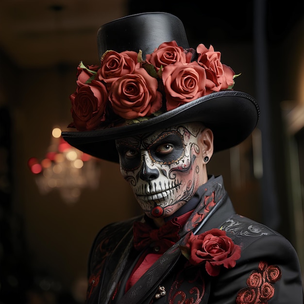 hombre con maquillaje de cráneo para el día de los muertos y con un sombrero con flores