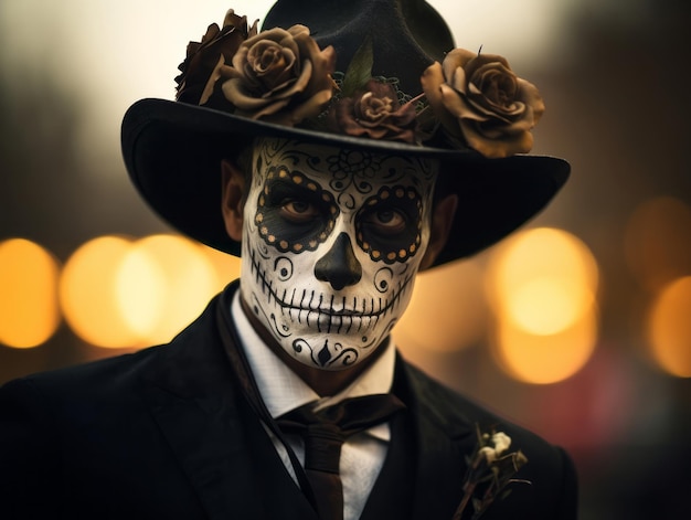 Hombre con maquillaje del Día de los Muertos con pose juguetona