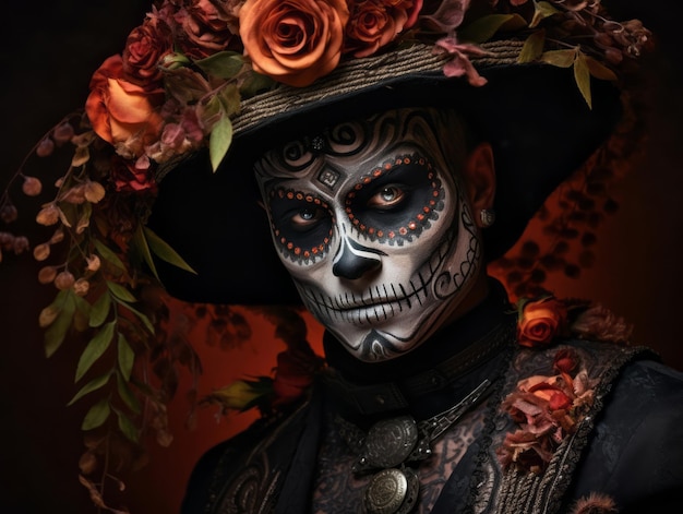 Hombre con maquillaje del Día de los Muertos con pose juguetona