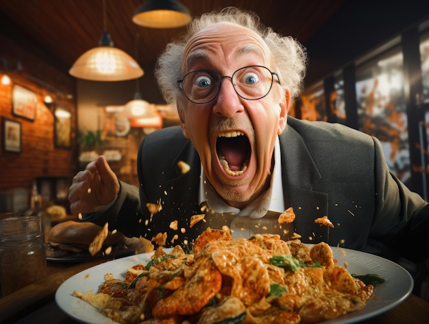 Hombre maravilloso en la mesa gritando en un plato de comida