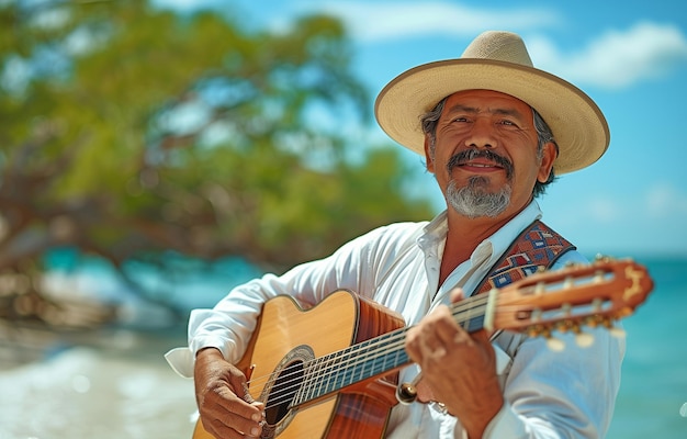 hombre mariachi con una guitarra en la playa