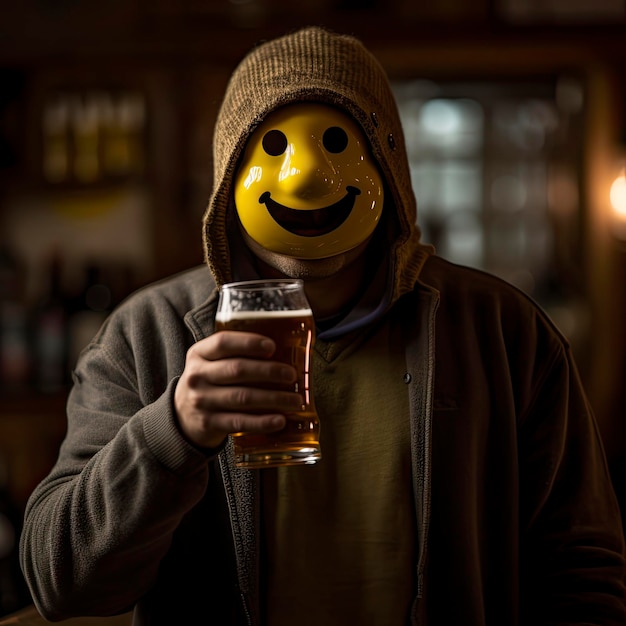 Un hombre con una máscara amarilla sonriente y sosteniendo un vaso de cerveza.