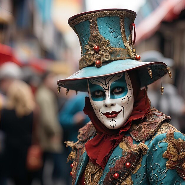 un hombre con una máscara azul y blanca y un sombrero azul con una flor de oro en él