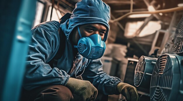 Un hombre con una máscara azul y una camisa azul está trabajando en un vehículo.