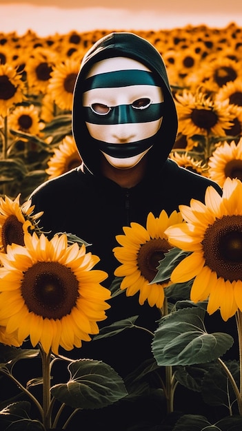 Un hombre con una máscara se para en un campo de girasoles.