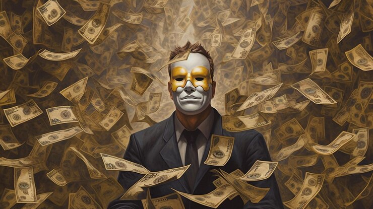 Un hombre con una máscara en la cara rodeado de dinero.