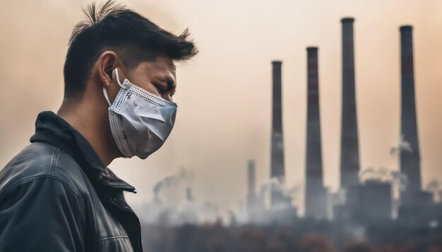 Foto hombre con máscara contra la contaminación industrial