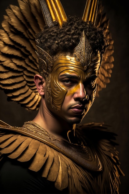 Un hombre con una máscara dorada y alas en la cara.