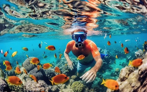 hombre con máscara de esnórquel se sumerge bajo el agua con peces tropicales en la piscina marina de arrecifes de coral