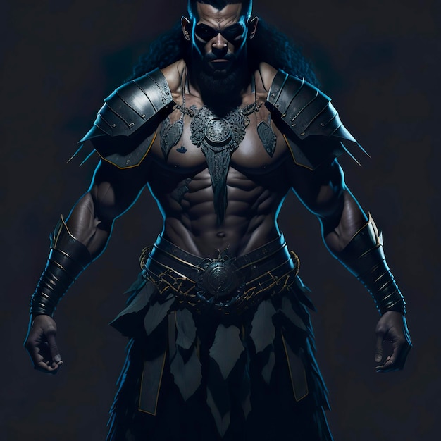 Un hombre con una máscara y una espada en el pelo se para frente a un fondo oscuro.