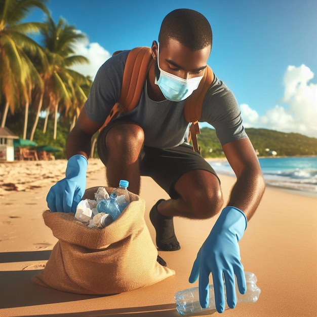 un hombre con una máscara está en una playa con una bolsa de hielo y una bolsa de agua