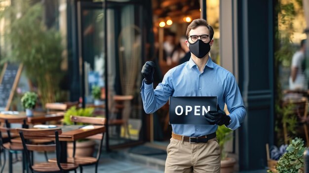Hombre con una máscara facial usando una camisa azul guantes negros y sosteniendo un cartel que dice OPEN en frente de un restaurante con asientos al aire libre