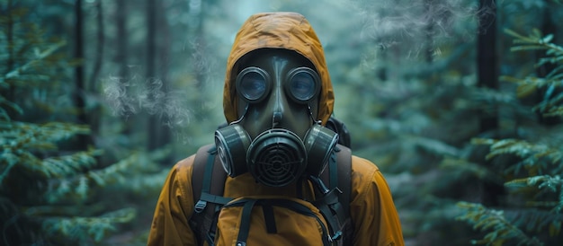 Hombre con máscara de gas en el bosque