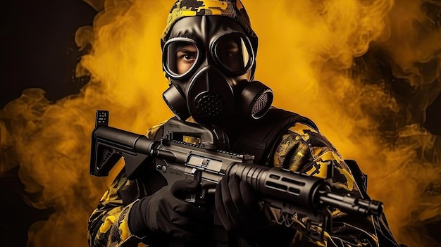 Hombre con máscara de gas y camuflaje sosteniendo arma Concepto de desastre