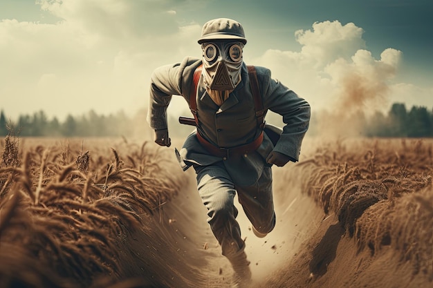 Hombre con máscara de gas y casco corriendo en el campo de trigo Concepto de deporte extremo Un soldado vintage corriendo en un campo de batalla con armas caras anónimas Generada por IA