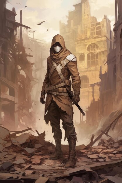 Un hombre con una máscara de gas se encuentra en una ciudad en ruinas.