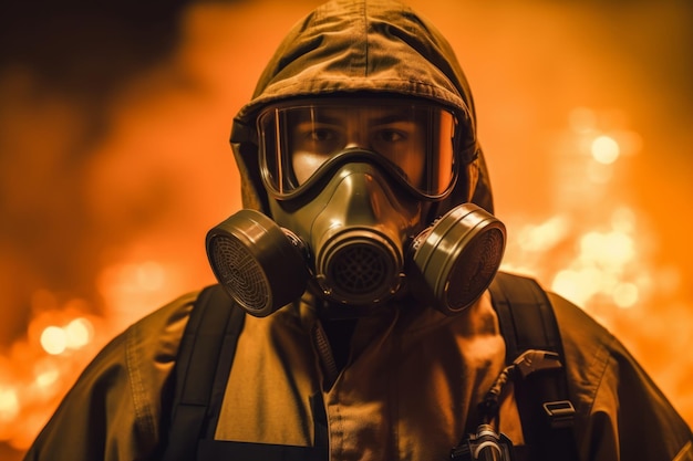 Un hombre con una máscara de gas y una máscara de gas se para frente a un incendio.