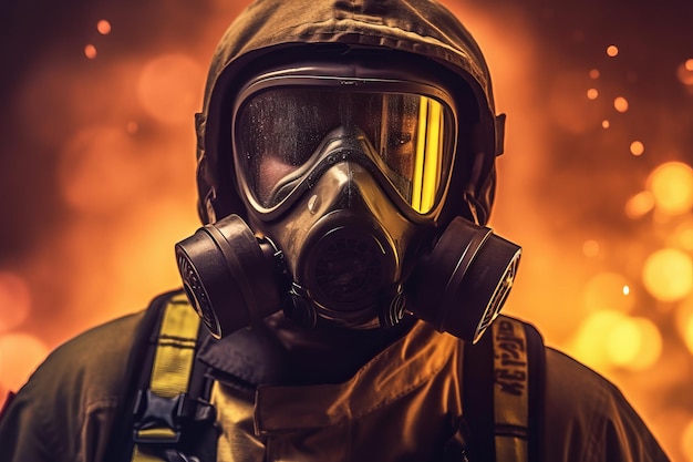 Un hombre con una máscara de gas y una máscara de gas se para frente a un incendio.