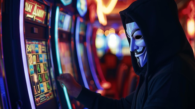 Un hombre con una máscara misteriosa de pie frente a una máquina tragamonedas mientras muestra los números ganadores del premio mayor en un entorno de casino creado utilizando una detallada representación de textura de IA generativa