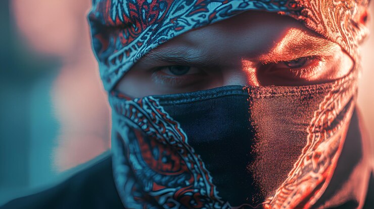 un hombre con una máscara negra y una bufanda azul con la palabra fuego en ella