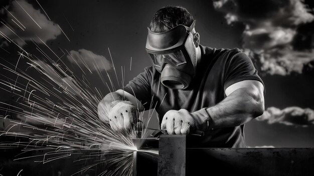 El hombre con la máscara de protección está cortando metal y las chispas están volando