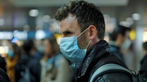 Hombre con máscara de protección en una terminal de aeropuerto ocupada Estilo casual Viaje Seguridad Vida moderna Precauciones de atención médica en espacios públicos IA