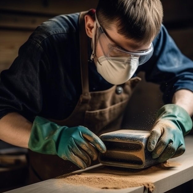 Un hombre con una máscara protectora trabaja con un trozo de madera.