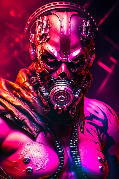 Un hombre con una máscara rosa con la palabra alienígena