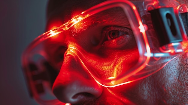 Foto un hombre con una máscara de terapia de luz roja una técnica de biohacking conocida por su capacidad para reducir