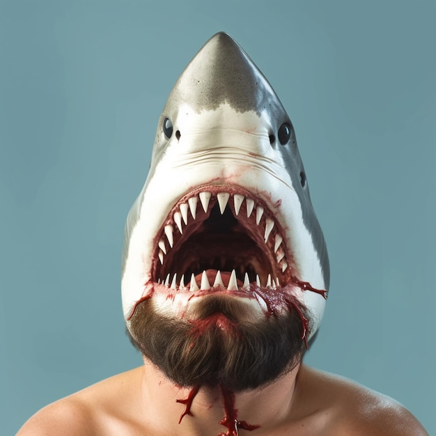 Foto un hombre con una máscara de tiburón en la cara lleva barba y tiene barba y barba.