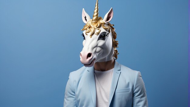 Foto hombre con una máscara de unicornio en un fondo azul