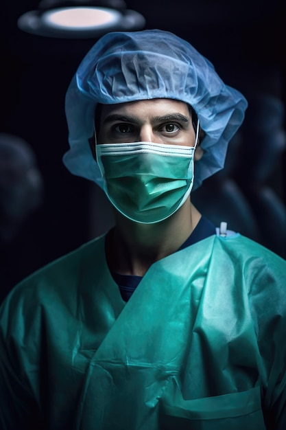 Un hombre con una máscara y un uniforme azul se para en una habitación oscura.