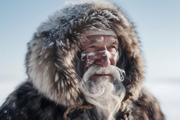 Hombre mayor con abrigo peludo en la tundra Hombre mayor con barba blanca en ropa cálida de invierno del norte Generar ai