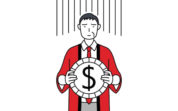 Hombre mayor con un abrigo rojo feliz una imagen de pérdida de cambio o de depreciación del dólar