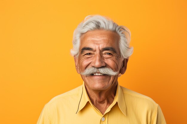 Foto hombre mayor alegre con un bigote grande y elegante de pie sobre un fondo amarillo ia generativa