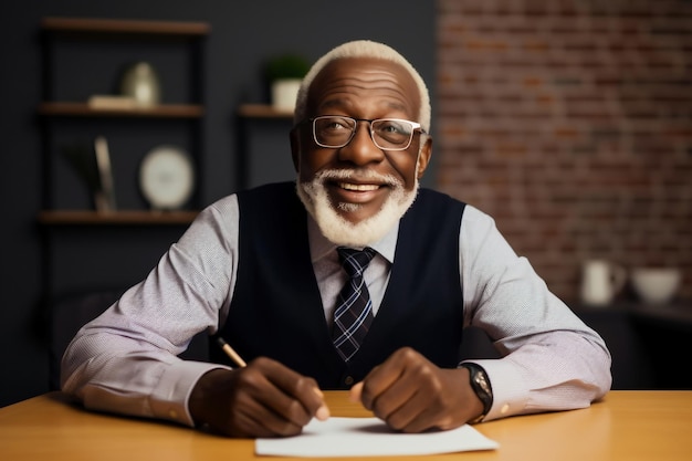 Un hombre mayor de apariencia afroamericana en un traje de negocios sostiene un cartel o papel Anciano de pelo gris copyspace reforma de pensiones Feliz vejez y jubilación Sistema de pensiones acumulativas