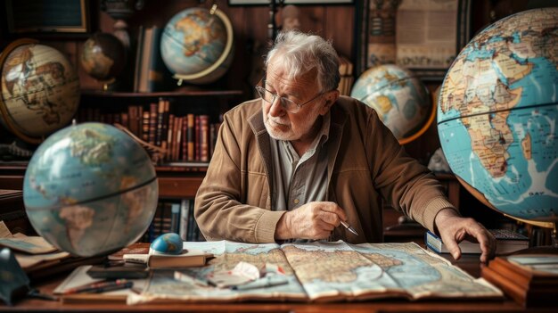 Un hombre mayor con una apariencia distinguida perdido en sus pensamientos mientras estudia un complejo mapa extendido