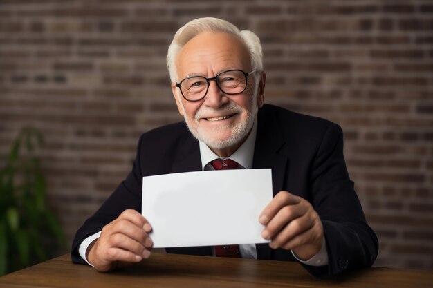 Un hombre mayor de apariencia europea con traje de negocios sostiene un cartel o papel Anciano de pelo gris copia espacio reforma de pensiones Feliz vejez y jubilación Sistema de pensiones acumulativas