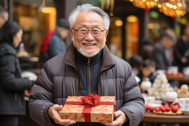 Hombre mayor asiático japonés chino feliz y sonriente regalo luces de Navidad